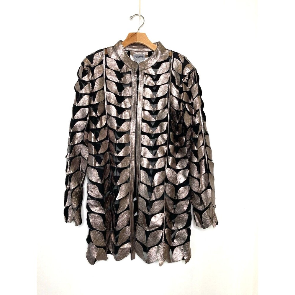 Natto Rare Gold Metallic Black Mesh Leather Sheer Lightweight Jacket Womens XL